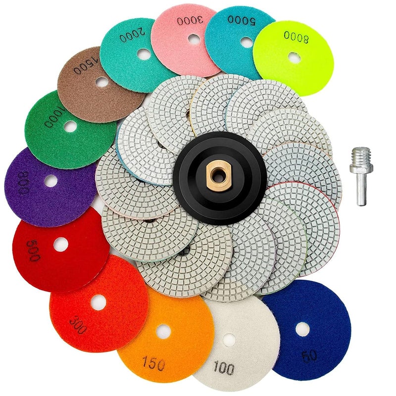 AxPower 13 Packs 4 Inch Diamond Polishing Pads with 5/8’’-11 Backer Pad 12PCS Wet/Dry Polish Pad Kit for Drill Grinder Polisher 50-8000 Grit Pads for Granite Marble Concrete Stone Countertop Quartz Polishing - Image 1
